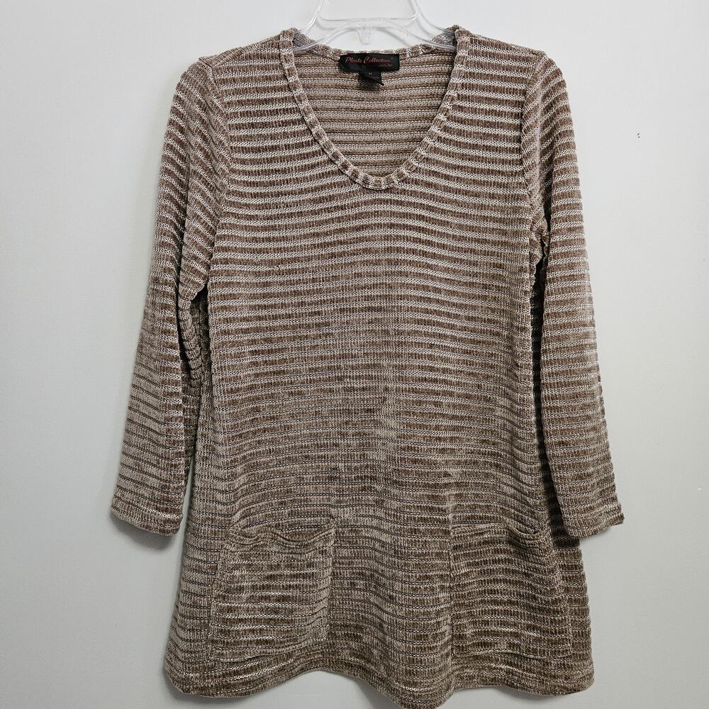 Pleats Collection Womens M Shirt Top Light Brown Woven Stripe Chenille